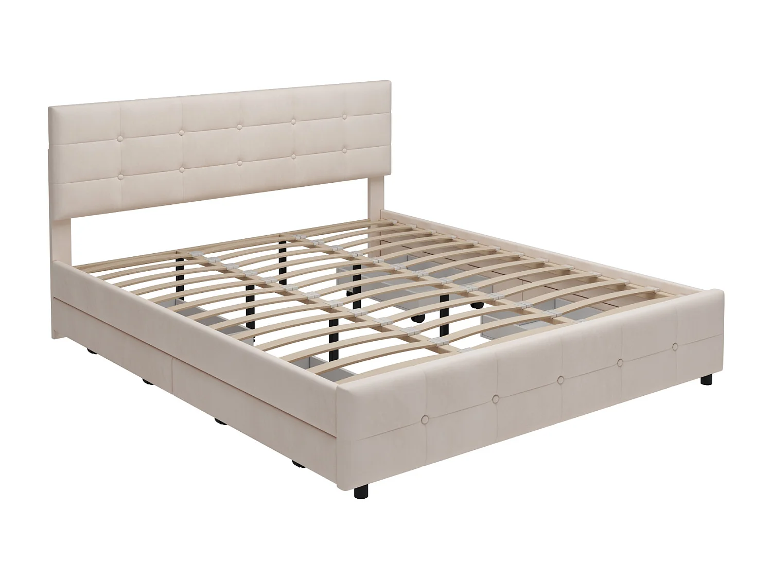 Cama de casal 180x200cm, cama de adulto com 4 gavetas, estrado e encosto de ripas e cabeceira, em veludo - para adultos e adolescentes - bege