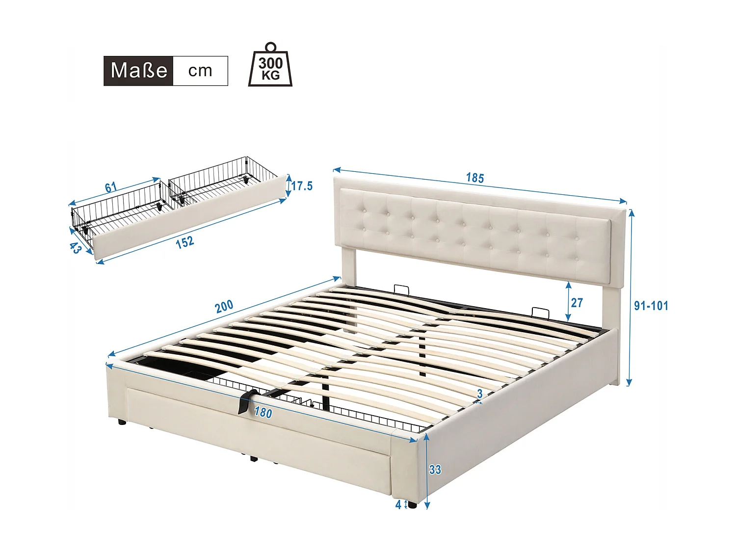 Lit coffre 180x200cm, lit double rembourré avec sommier à lattes et tête de lit réglable avec 2 tiroirs, tissu en velours, beige