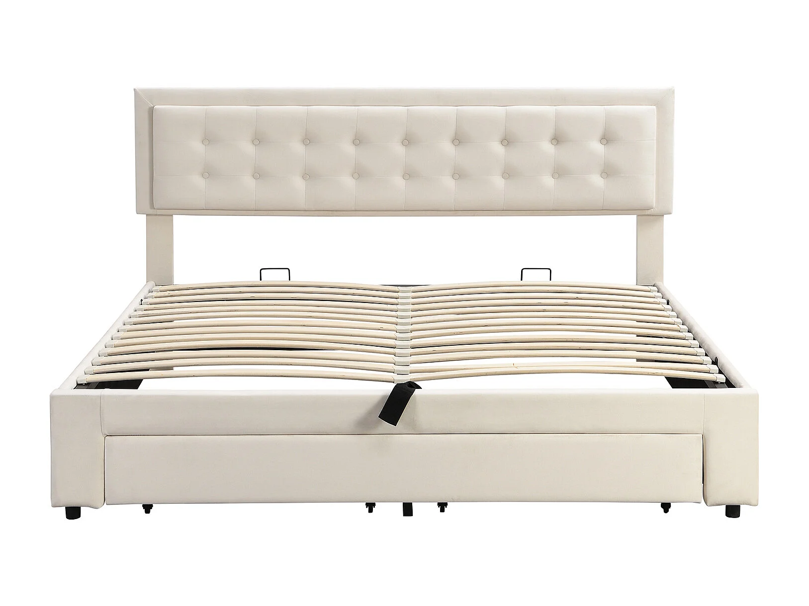 Letto Matrimoniale Imbottito 180x200 Cm In Velluto Beige, Con Rete A Doghe E Testiera A Ventaglio, Piedini Cilindrici, Fino A 300kg