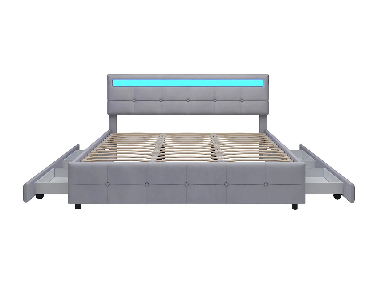 Lit rembourré double 180 x 200 cm - 4 tiroirs et LED - en tissu velours - Gris