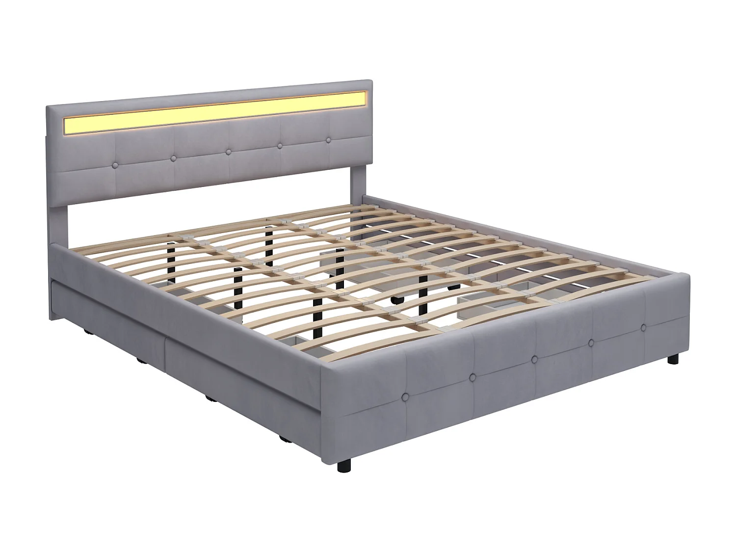 Tweepersoonsbed gestoffeerd 180 x 200 cm - 4 lades en LED - in fluwelen stof - Grijs