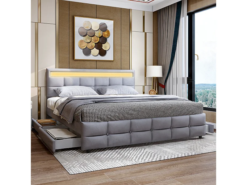 Lit rembourré double 180 x 200 cm - 4 tiroirs et LED - en tissu velours - Gris