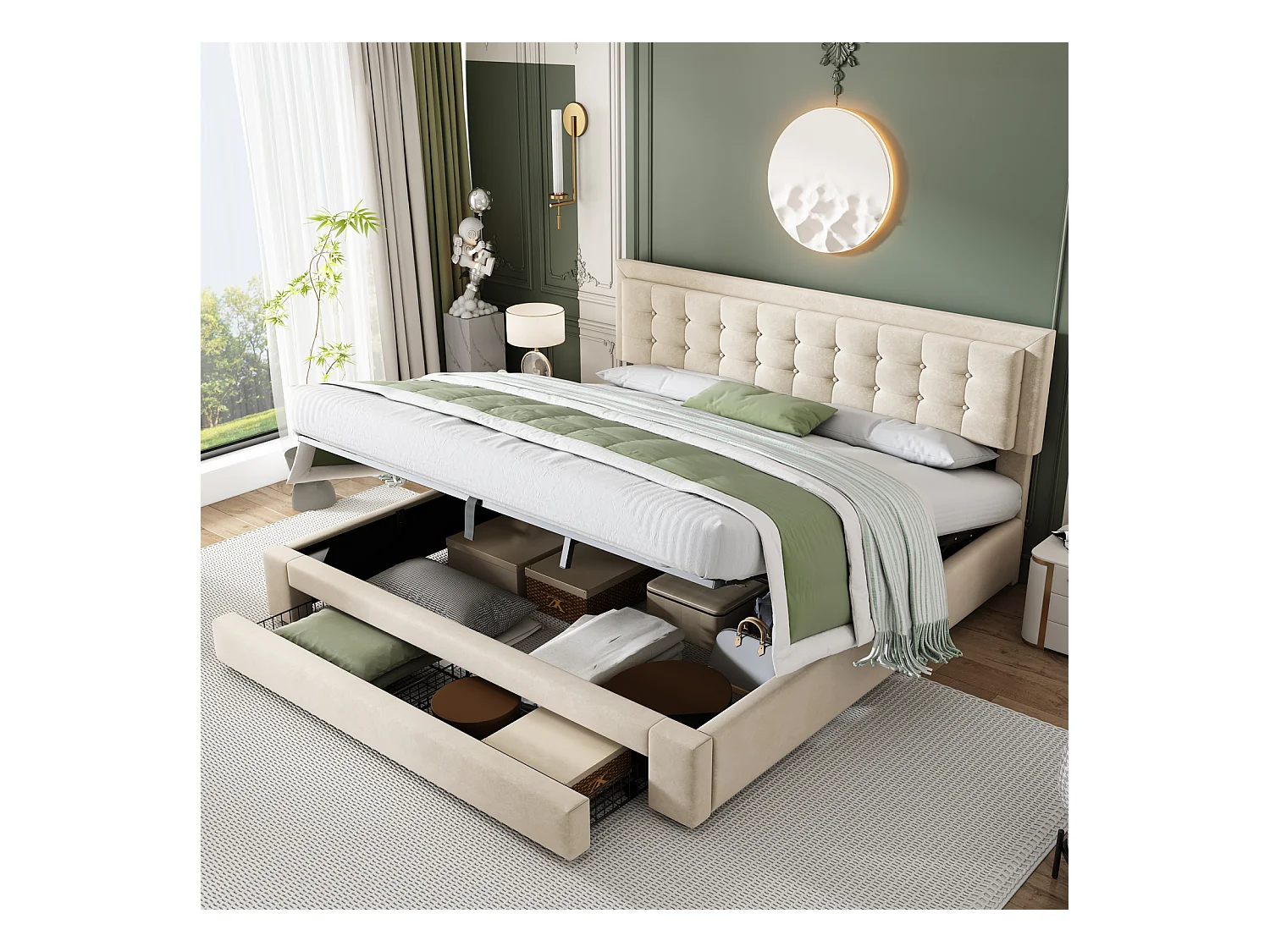 Opbergbed 160x200cm, gestoffeerd tweepersoonsbed met lattenbodem en verstelbaar hoofdbord met 2 lades, fluwelen stof, beige
