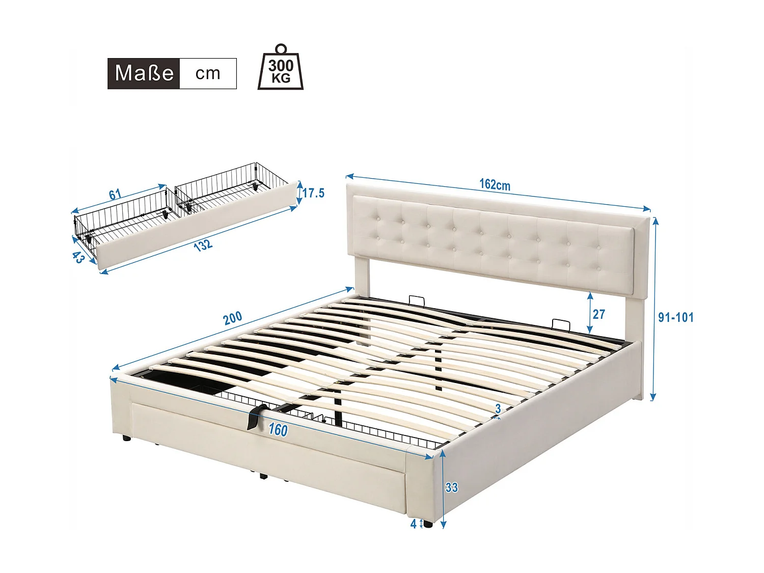 Lit coffre 160x200cm, lit double rembourré avec sommier à lattes et tête de lit réglable avec 2 tiroirs, tissu en velours, beige