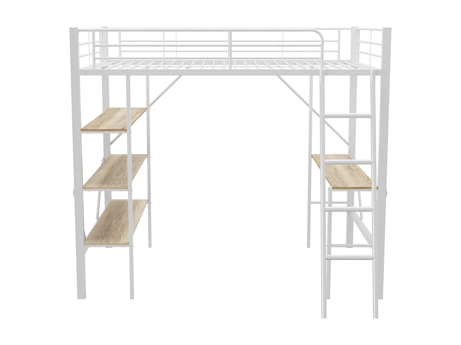 Lit mezzanine 90x200cm, cadre en métal, lit surélevé avec échelle, bureau et 3 grandes étagères pour enfants, adolescents, blanc