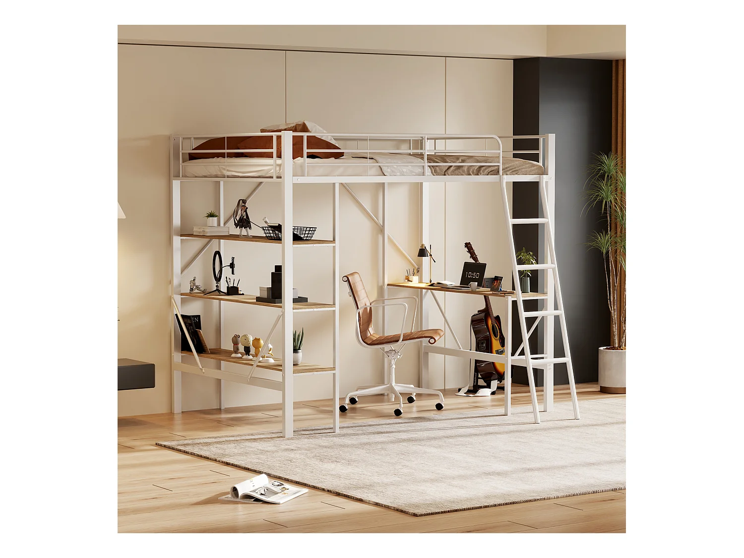 Lit mezzanine 90x200cm, cadre en métal, lit surélevé avec échelle, bureau et 3 grandes étagères pour enfants, adolescents, blanc