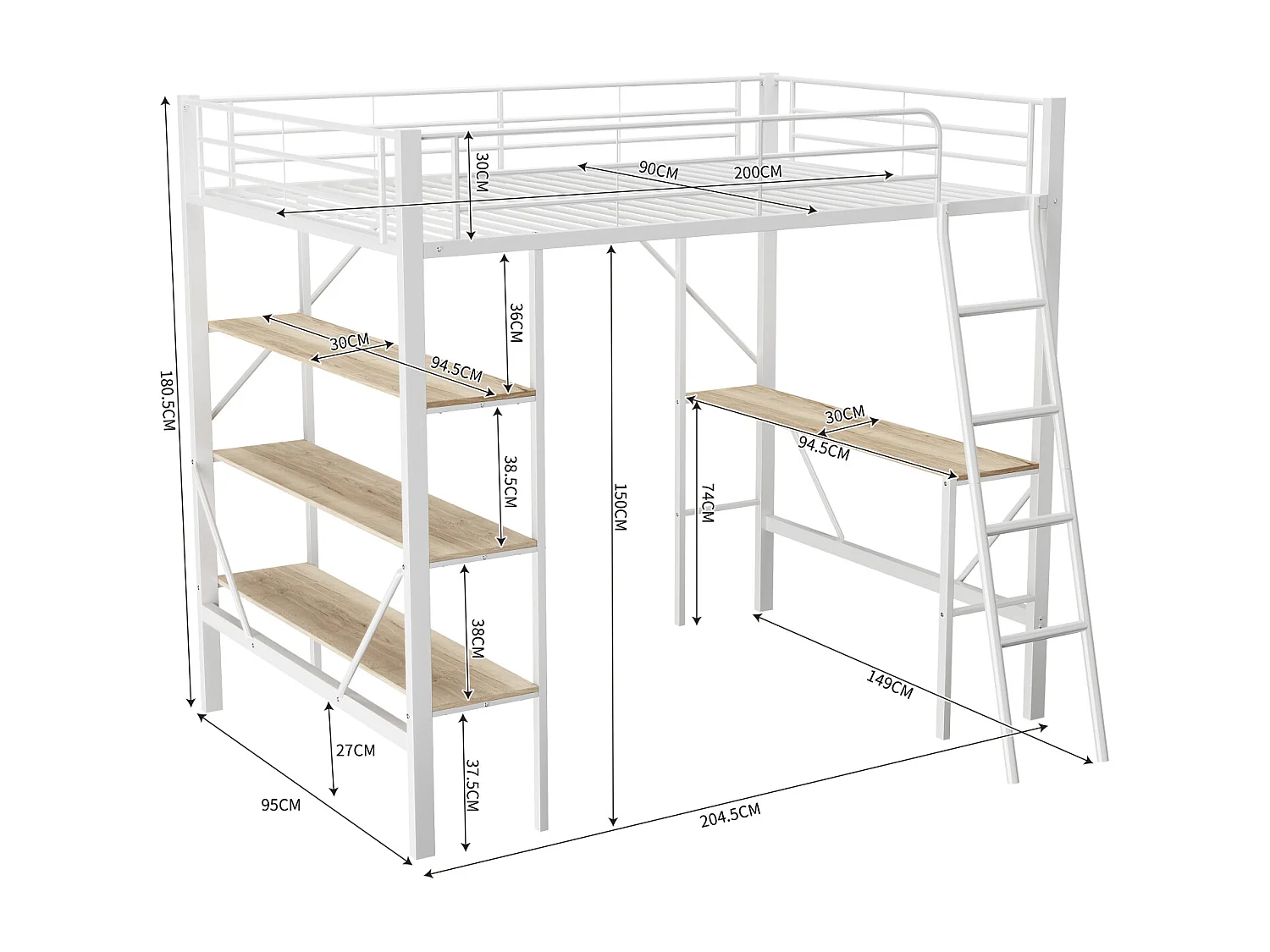 Cama alta de 90 x 200 cm, estructura de metal, cama elevada con escalera, escritorio y 3 estantes grandes para niños y adolescentes, color blanco