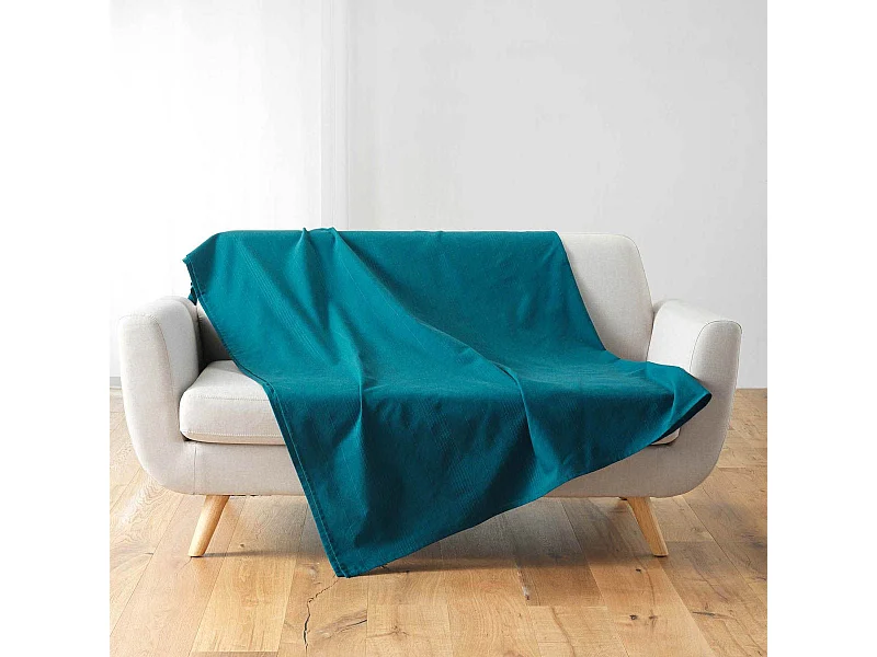 Plaid Uni en Coton "Lucile" 180x220cm Bleu