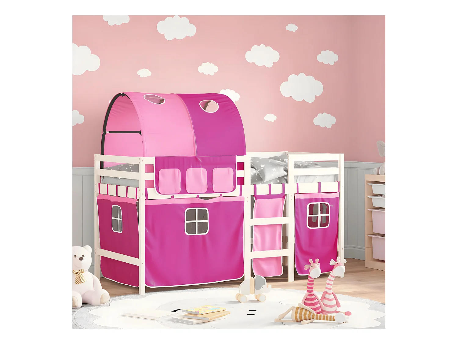 Cama alta para criança com túnel 90x190 cm pinho maciço rosa