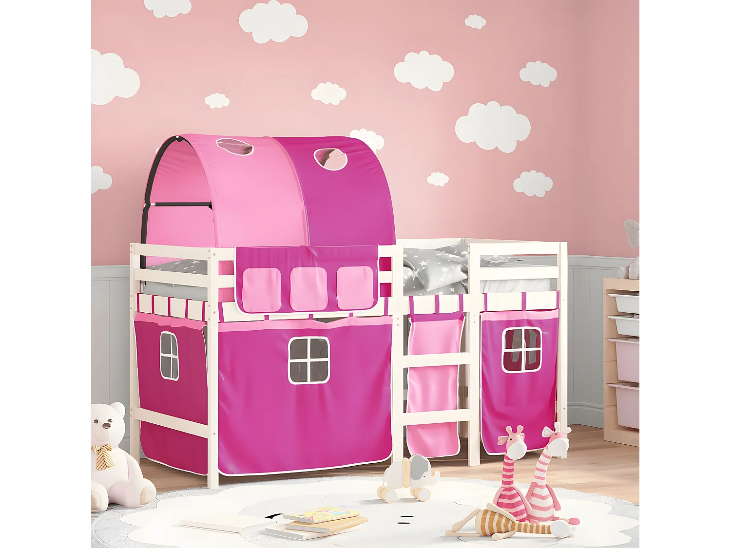 Cama alta para niños con túnel madera pino rosa 90x190 cm