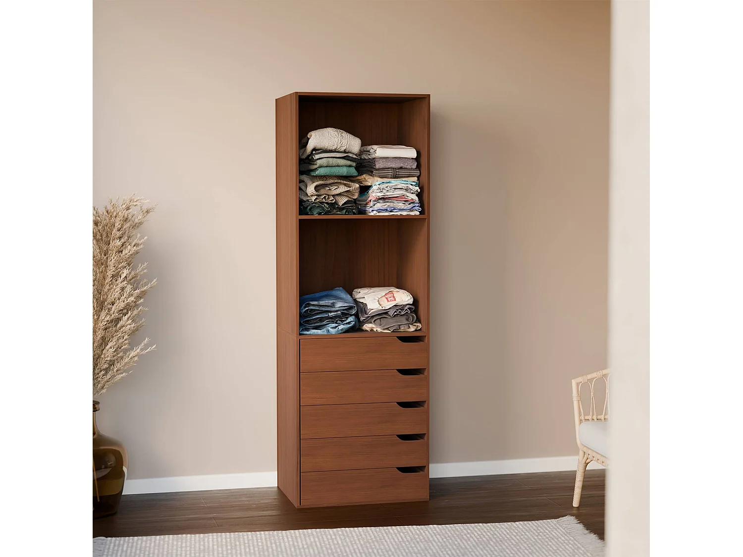 Módulo armario con 5 cajones y 2 estantes nogal