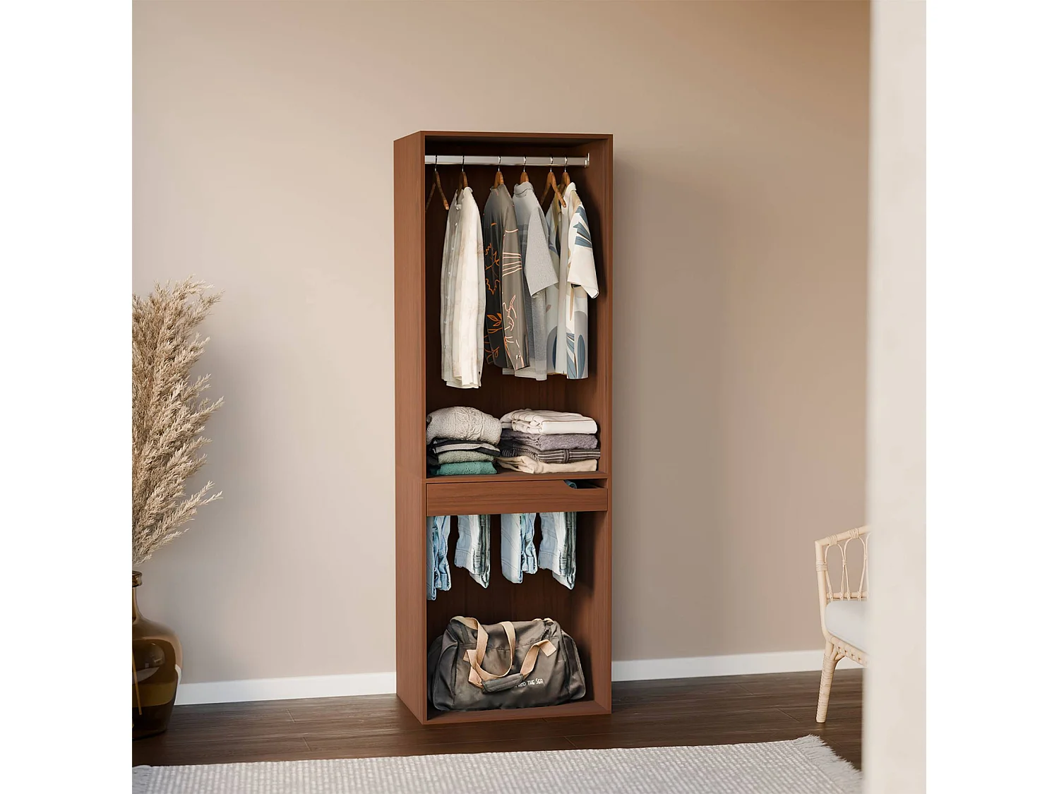 Module dressing avec penderie et porte-pantalons. noyer. panneaux stratifiés