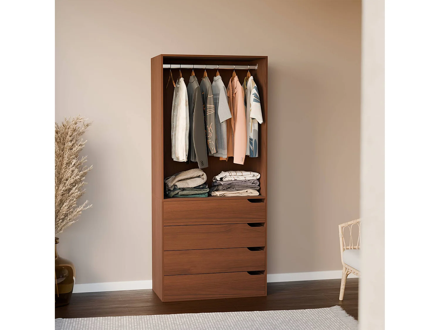 Módulo de vestidor decorado en madera con 4 cajones y 1 barra para