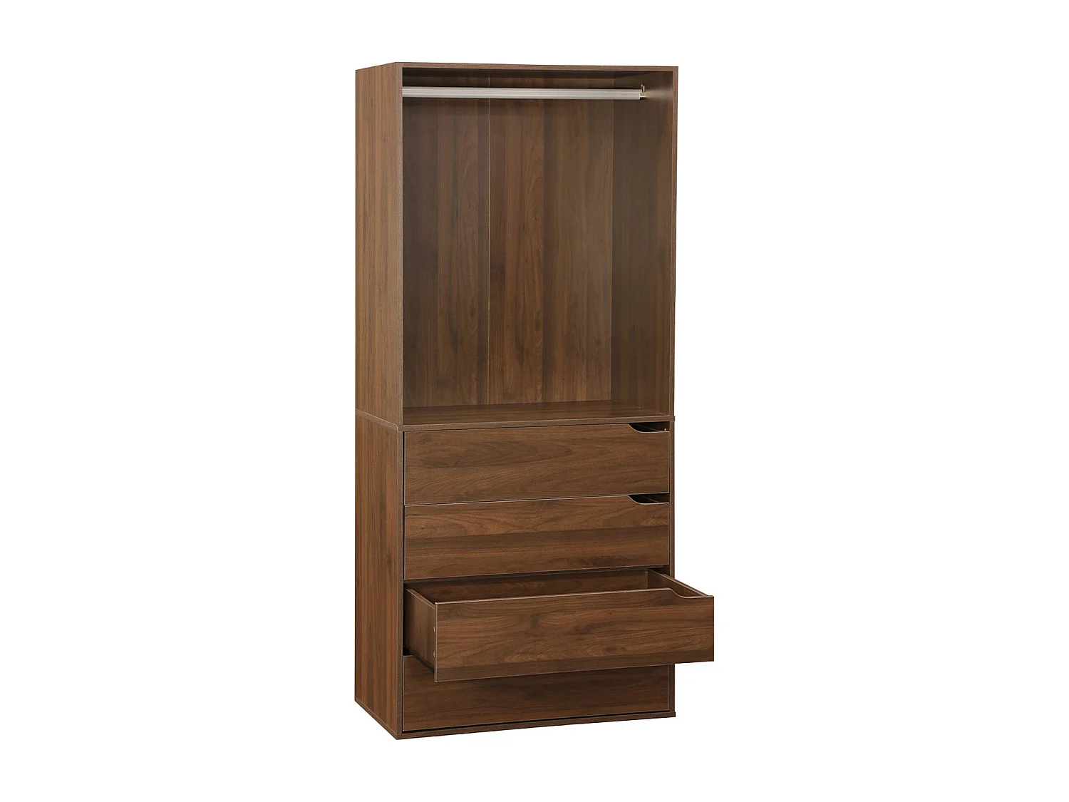 Módulo de vestidor decorado en madera con 4 cajones y 1 barra para
