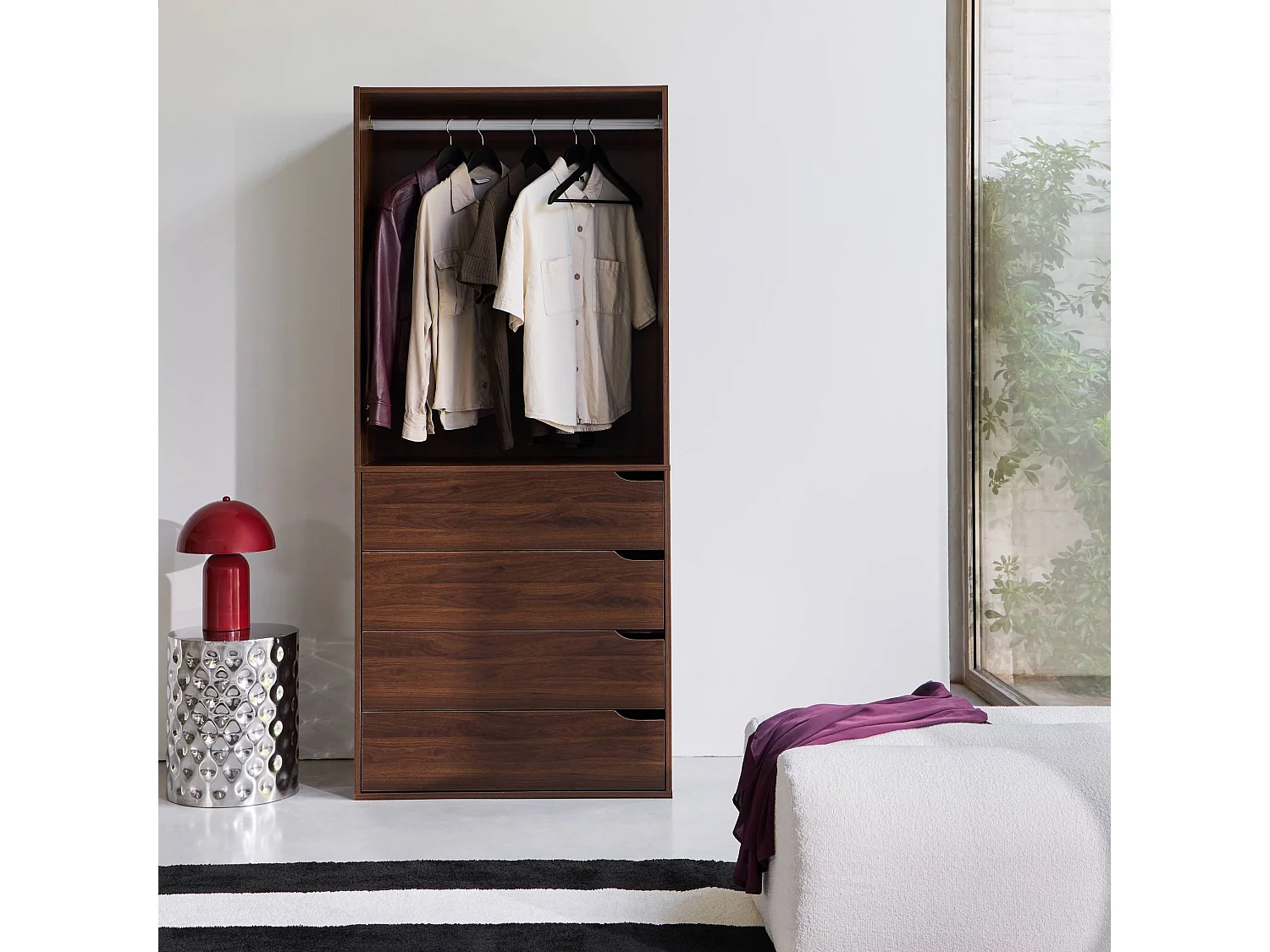 Modulo guardaroba decorazione legno 4 cassetti 1 appendiabiti, noce
