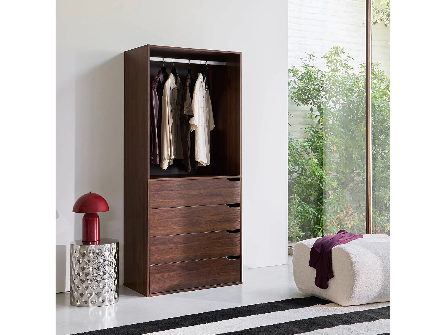Modulo guardaroba decorazione legno 4 cassetti 1 appendiabiti, noce