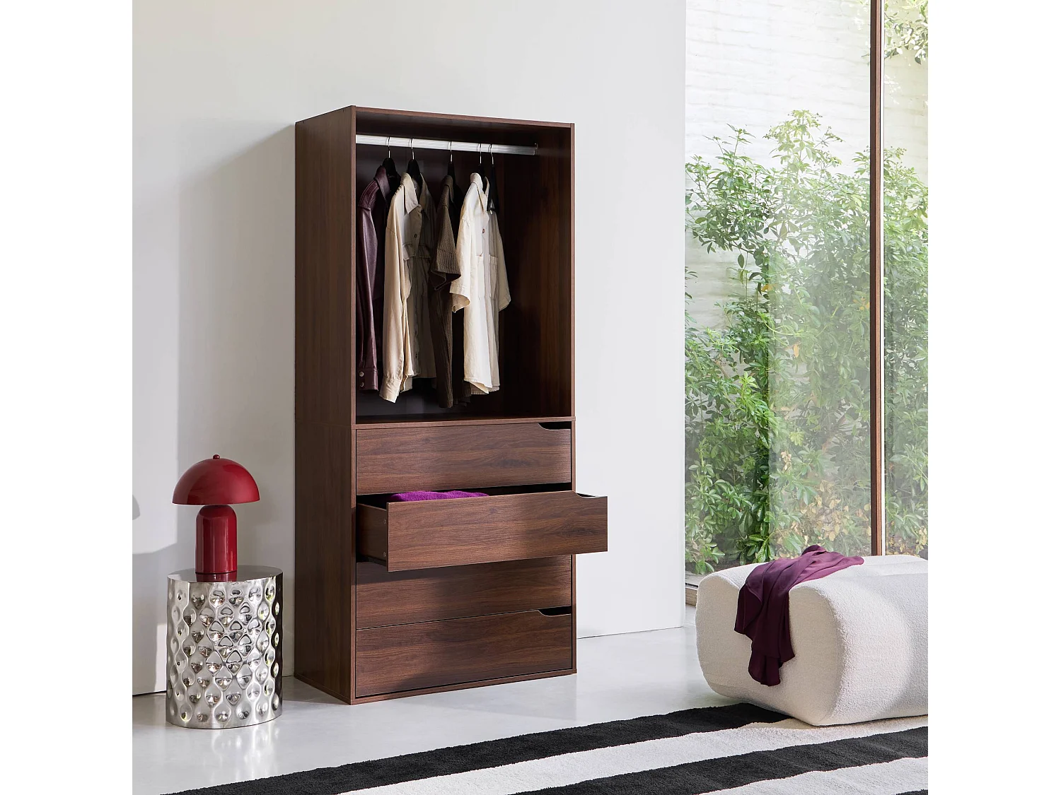 Modulo guardaroba decorazione legno 4 cassetti 1 appendiabiti, noce