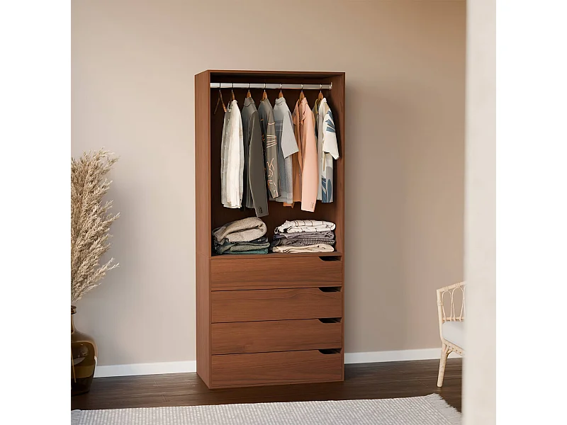 Module dressing avec 4 tiroirs et 1 penderie noyer. panneaux stratifiés