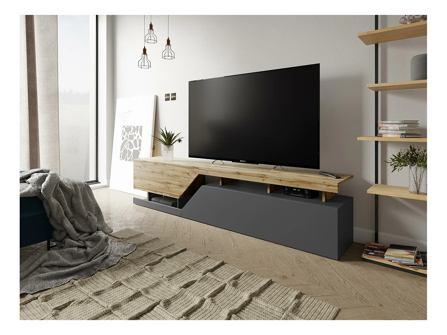 Meuble TV Comfivo Daldune 104, Chêne wotan|Anthracite, 200x47x35cm