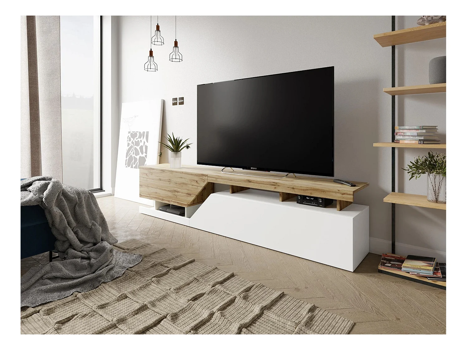 Meuble TV Comfivo Daldune 104, Chêne wotan|Blanc, 200x47x35cm