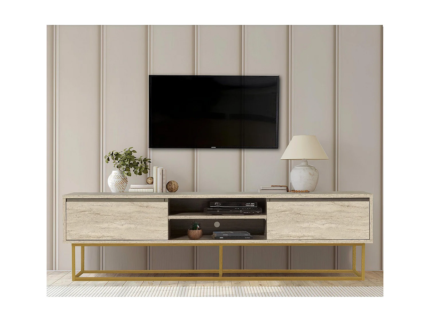 Móvel de TV – 180 x 50 x 40 cm – Travertino – MDF e Metal