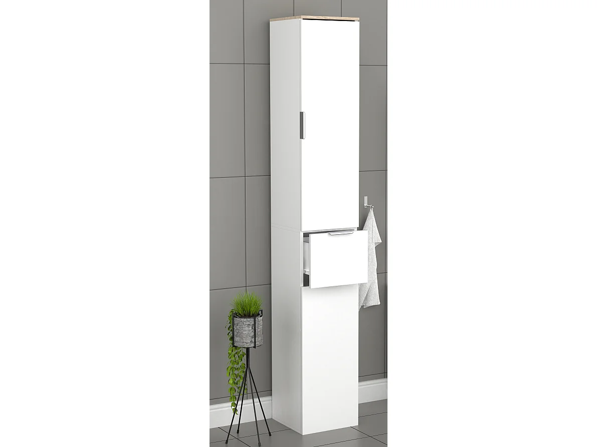 Bathroom furniture high cabinet Donali White / Sonoma oak H. 190 x W. 30 x D. 30 cm