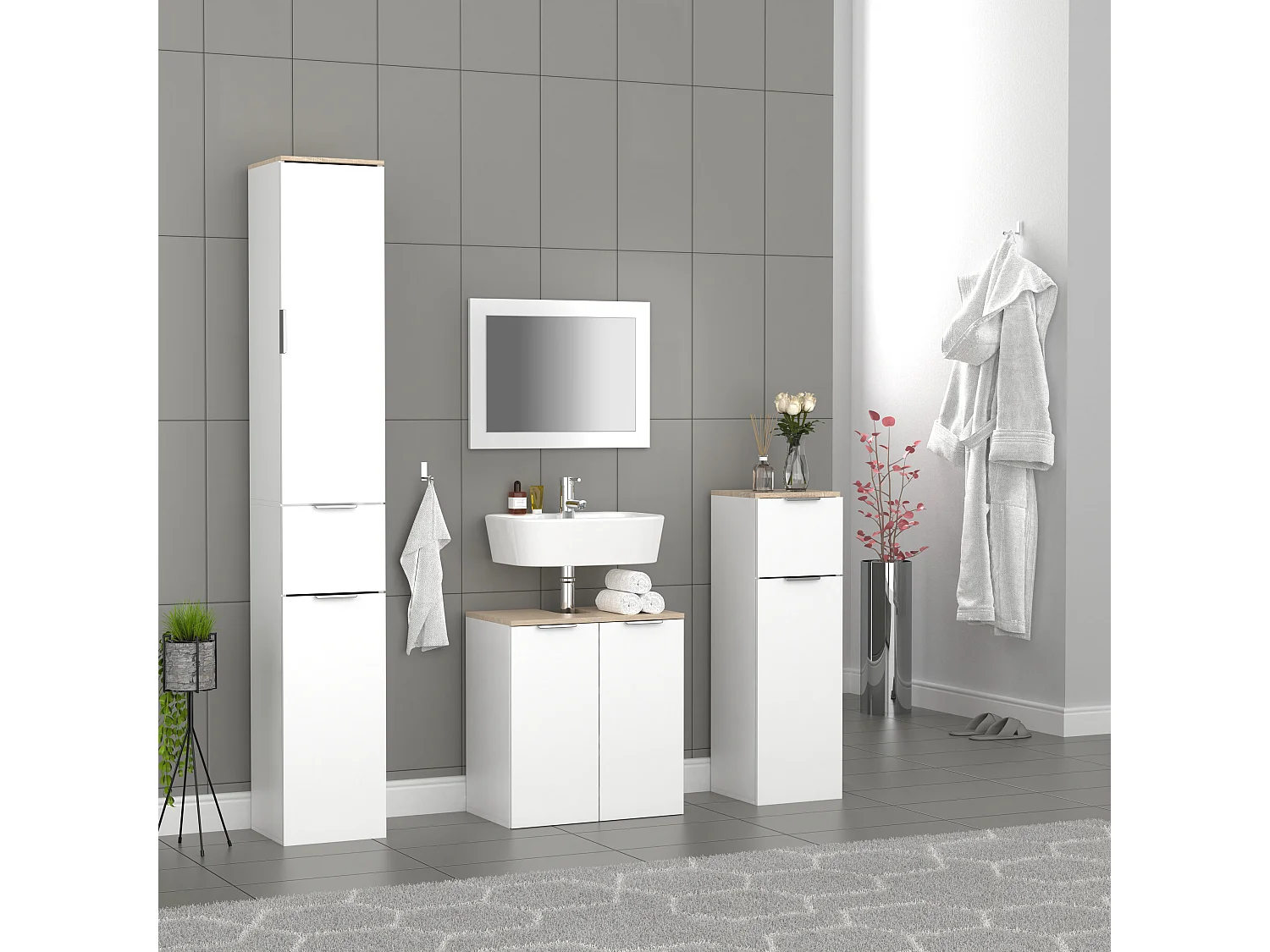 Bathroom furniture high cabinet Donali White / Sonoma oak H. 190 x W. 30 x D. 30 cm