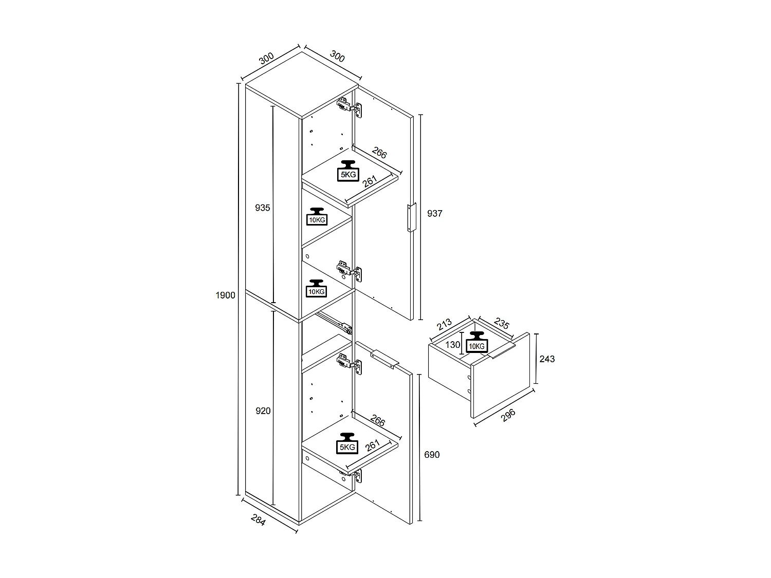 Bathroom furniture high cabinet Donali White / Sonoma oak H. 190 x W. 30 x D. 30 cm
