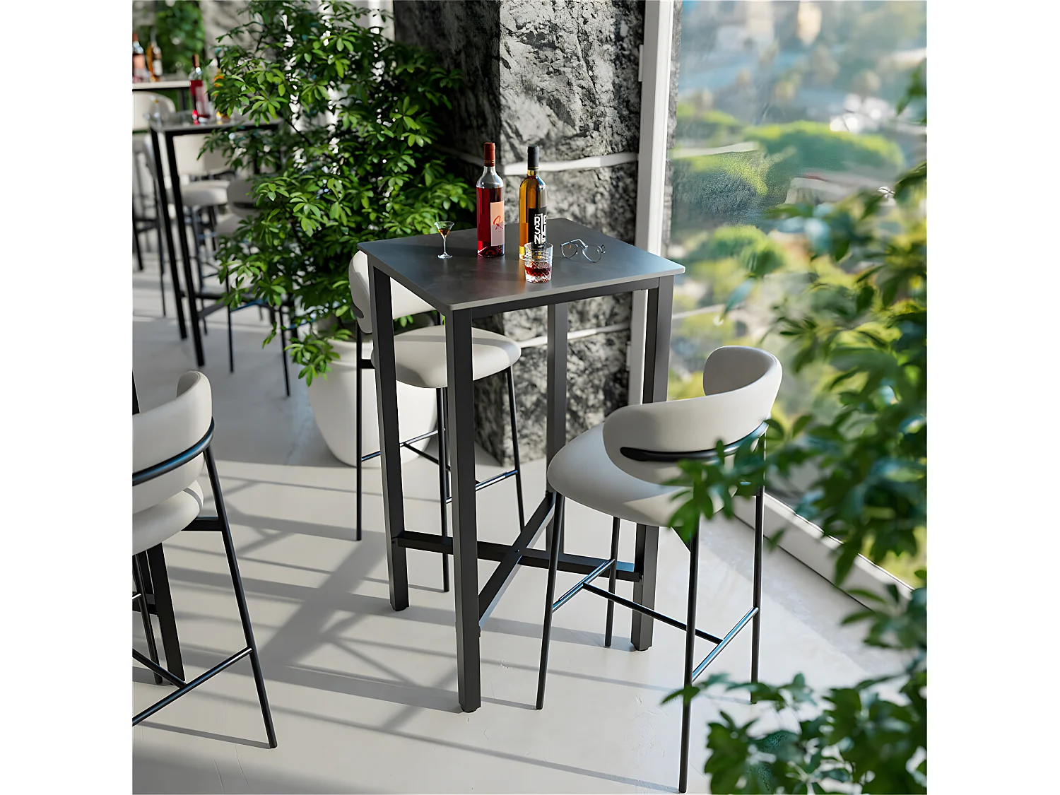 Meuble de bar en marbre - 70x70x105cm Table à manger noir - Table bistrot extérieur en pierre fritté carré