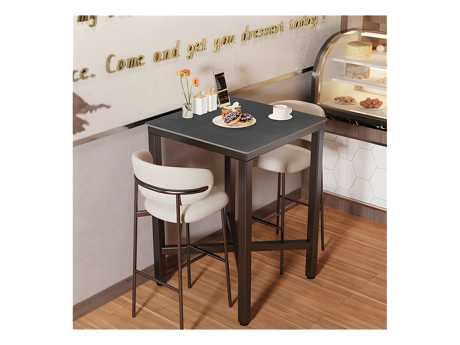 Meuble de bar en marbre - 70x70x105cm Table à manger noir - Table bistrot extérieur en pierre fritté carré