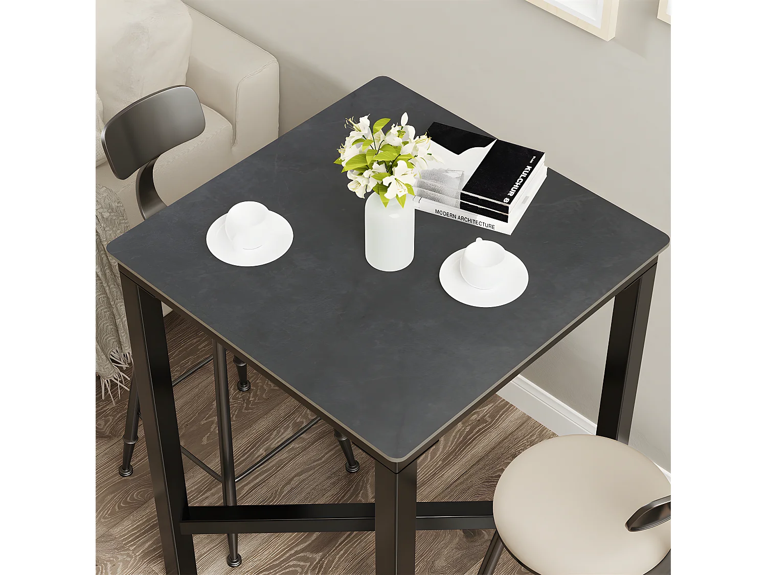 Meuble de bar en marbre - 70x70x105cm Table à manger noir - Table bistrot extérieur en pierre fritté carré