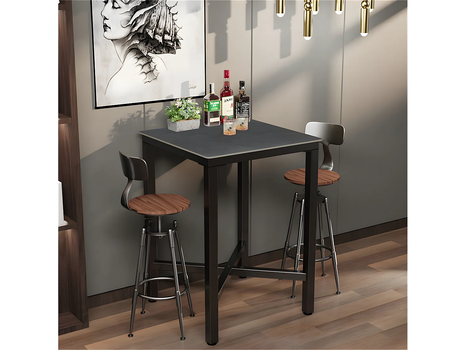 Meuble de bar en marbre - 70x70x105cm Table à manger noir - Table bistrot extérieur en pierre fritté carré
