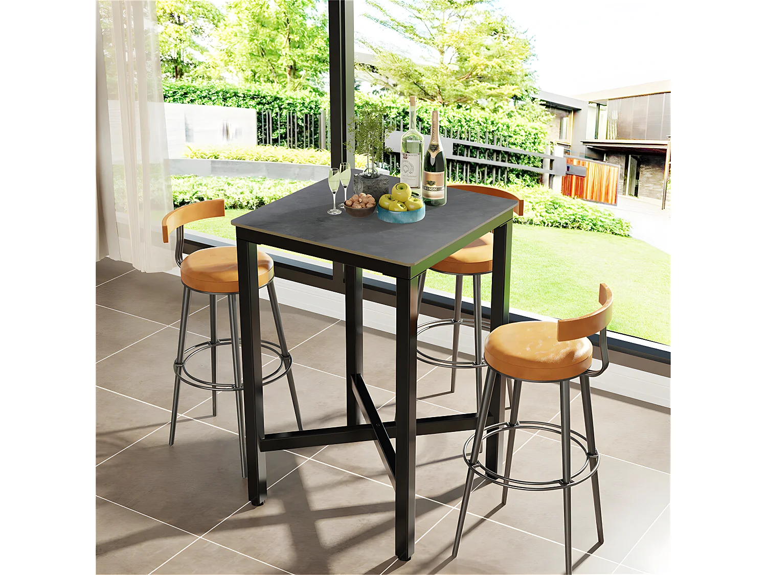 Meuble de bar en marbre - 70x70x105cm Table à manger noir - Table bistrot extérieur en pierre fritté carré