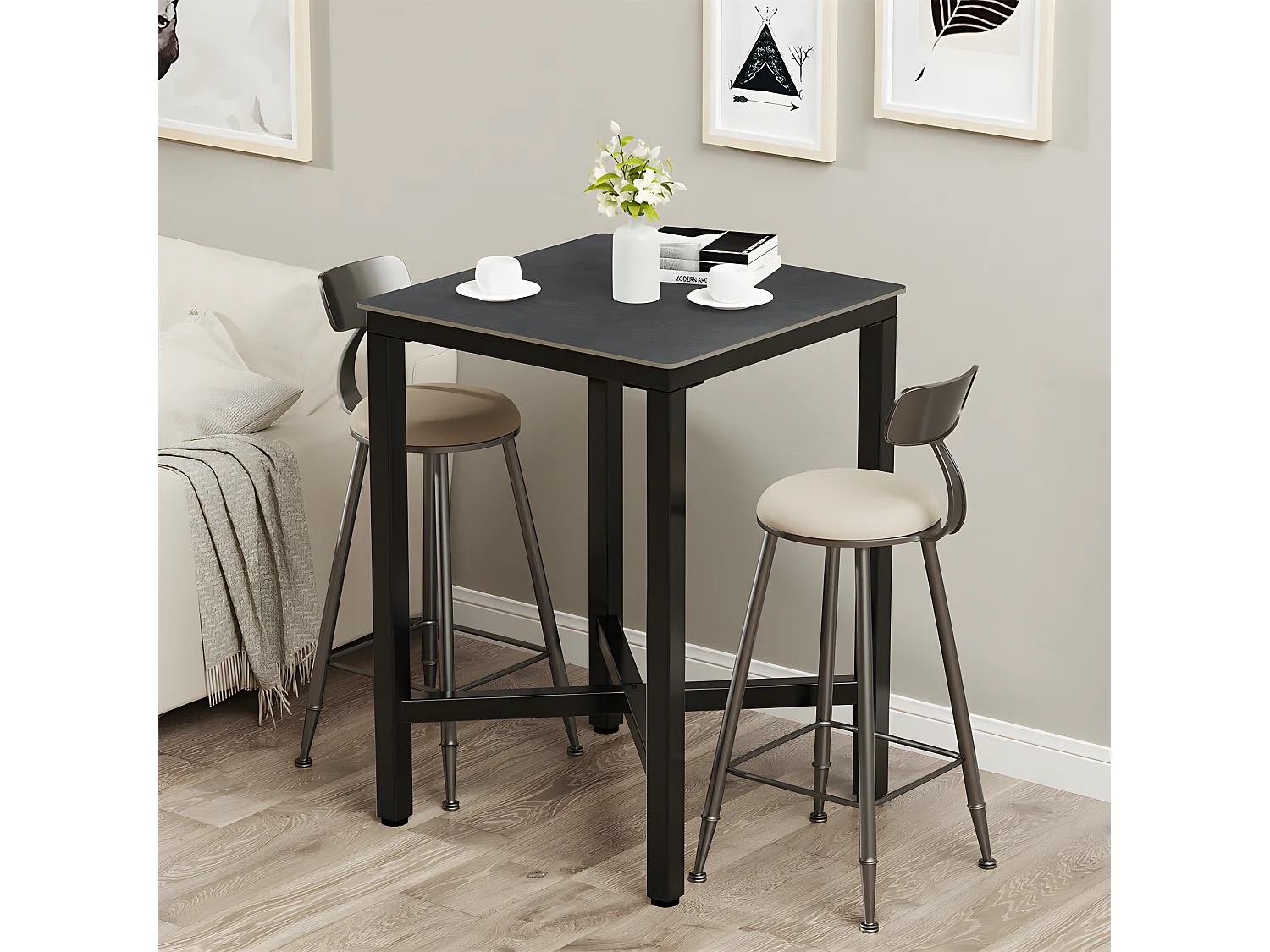 Meuble de bar en marbre - 70x70x105cm Table à manger noir - Table bistrot extérieur en pierre fritté carré