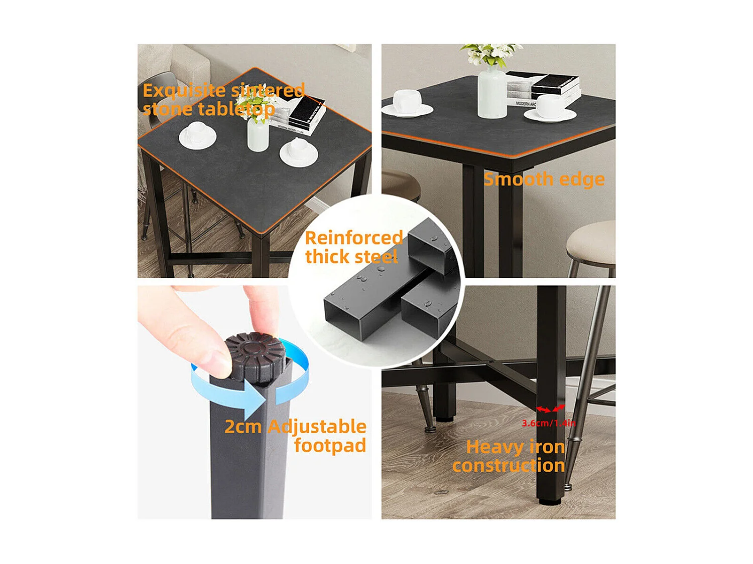 Meuble de bar en marbre - 70x70x105cm Table à manger noir - Table bistrot extérieur en pierre fritté carré