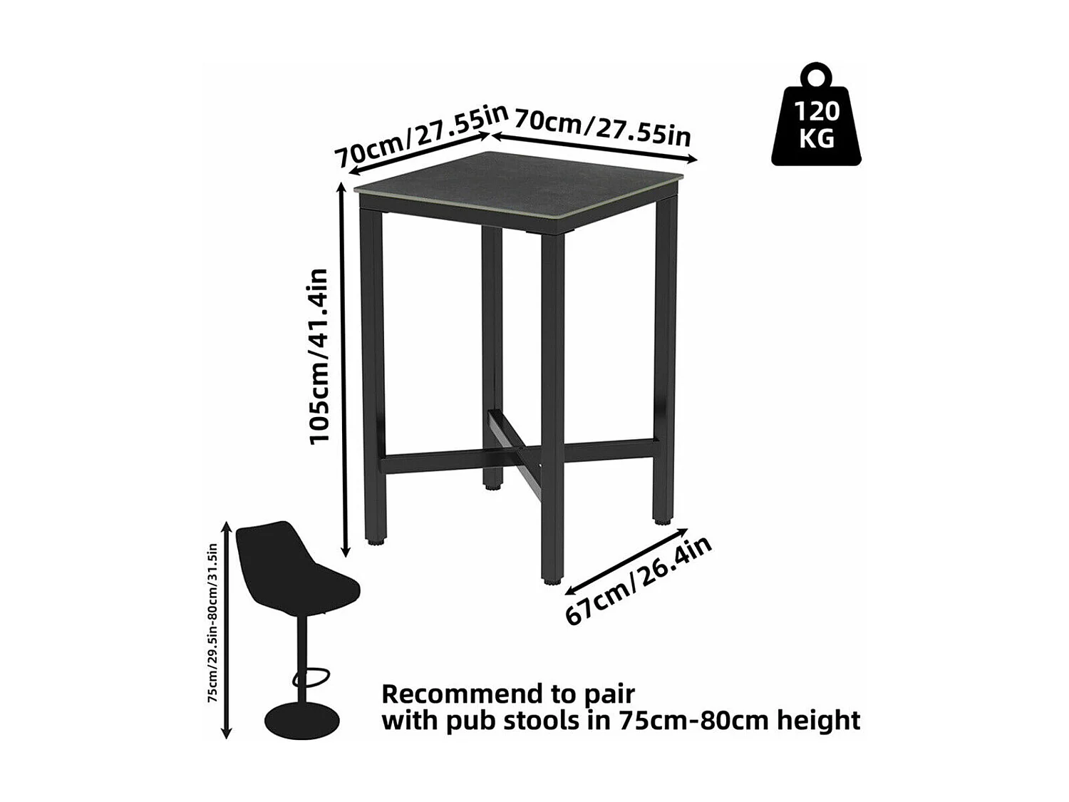 Meuble de bar en marbre - 70x70x105cm Table à manger noir - Table bistrot extérieur en pierre fritté carré