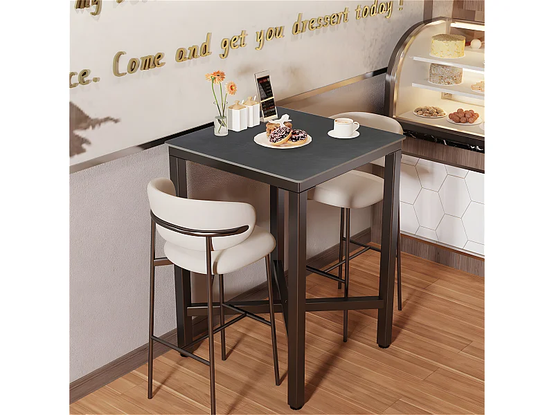 Meuble de bar en marbre - 70x70x105cm Table à manger noir - Table bistrot extérieur en pierre fritté carré