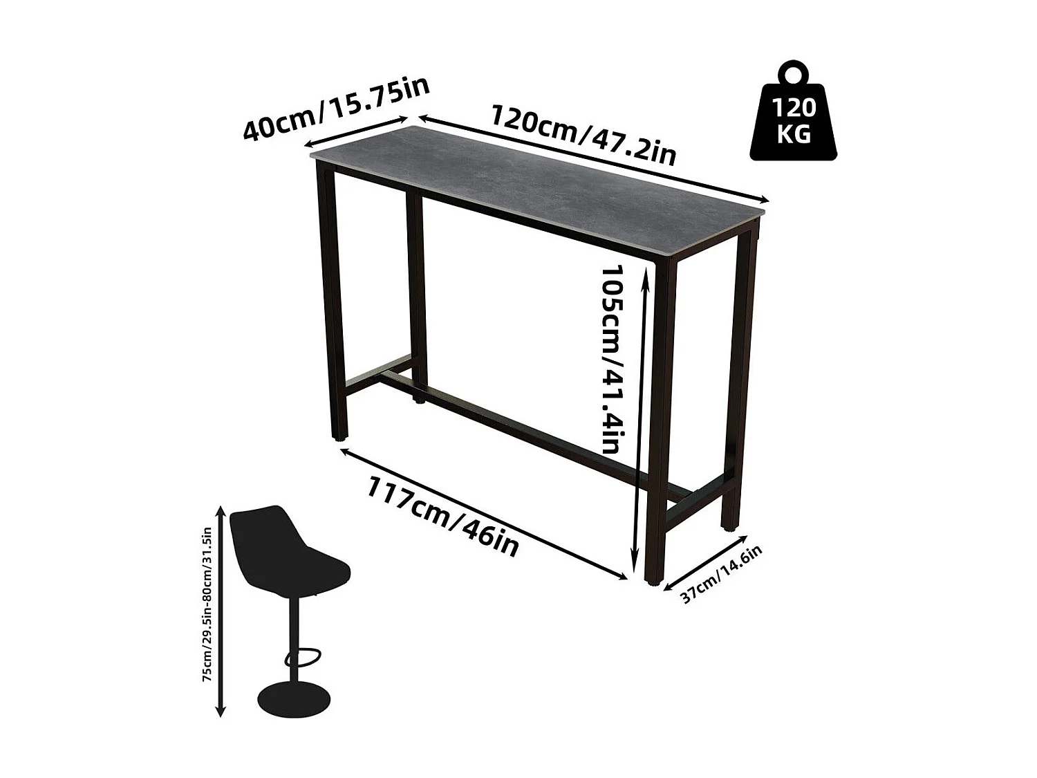 Meuble de bar en marbre - 120x40x105cm Table console - Table à manger noir - Table bistrot extérieur en pierre fritté rectangulaire