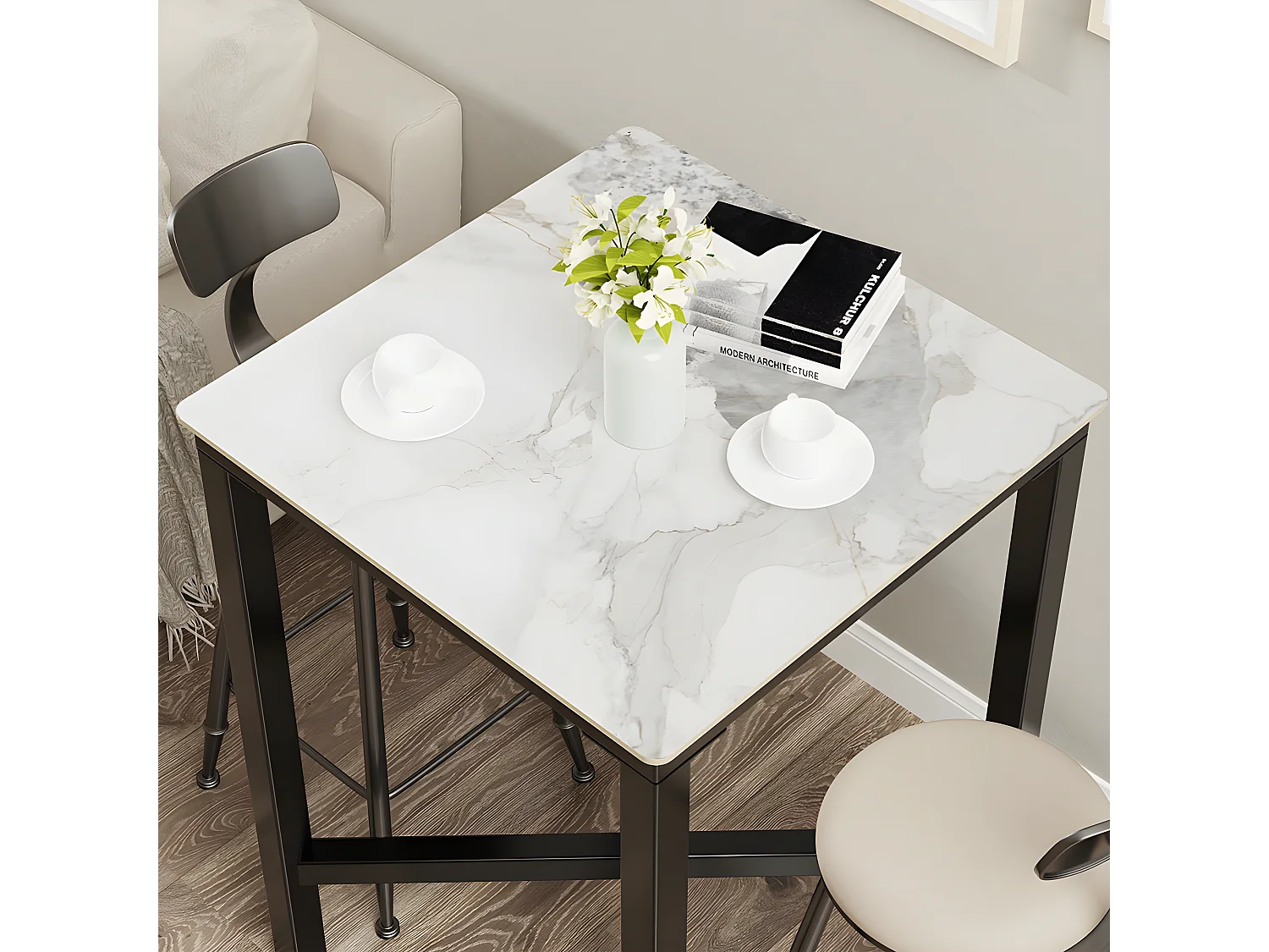 Meuble de bar en marbre - 70x70x105cm Table à manger jade blanc - Table bistrot extérieur en pierre fritté carré