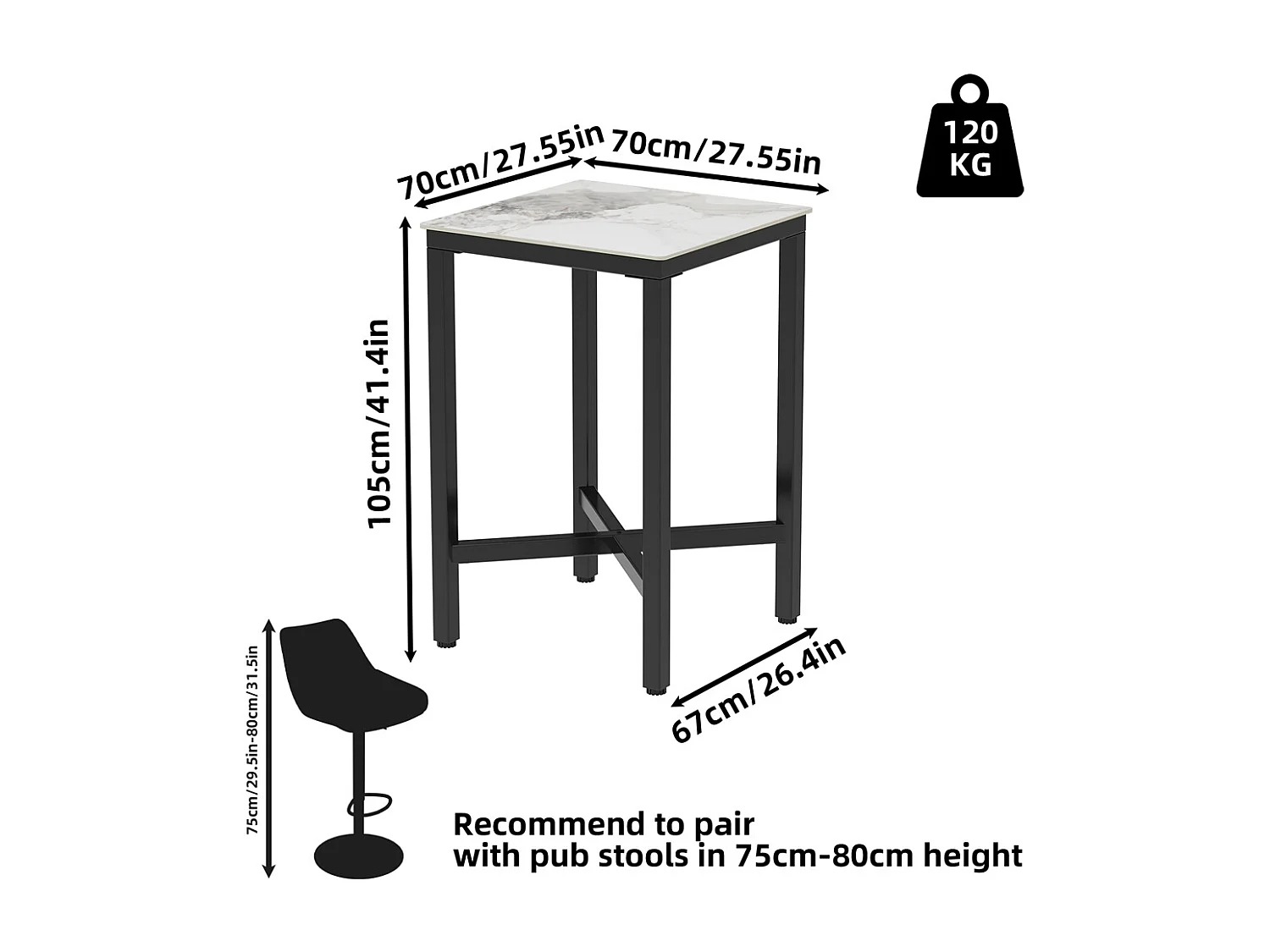 Meuble de bar en marbre - 70x70x105cm Table à manger jade blanc - Table bistrot extérieur en pierre fritté carré