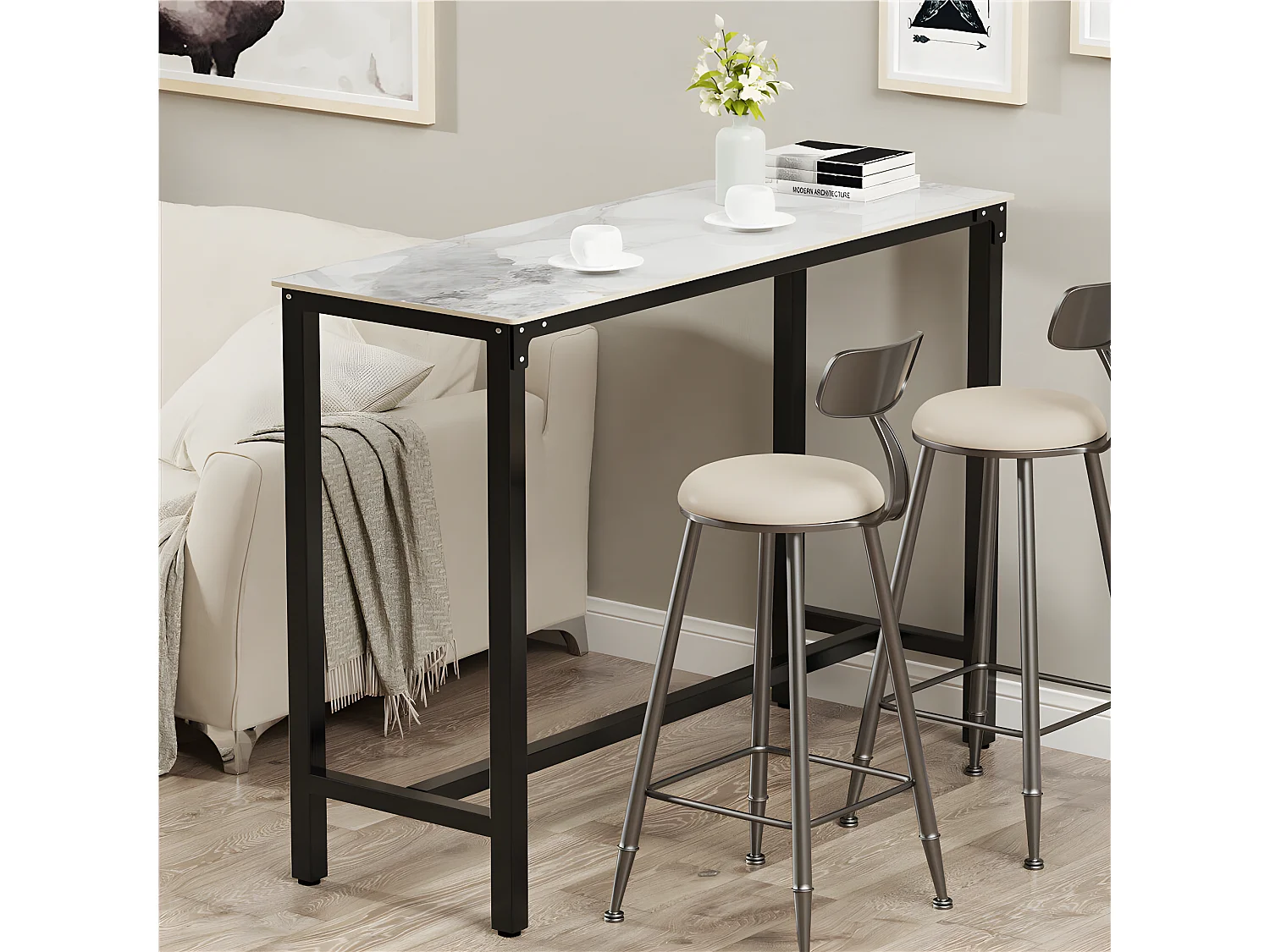 Meuble de bar en marbre - 120x40x105cm Table console - Table à manger jade blanc - Table bistrot extérieur en pierre fritté rectangulaire