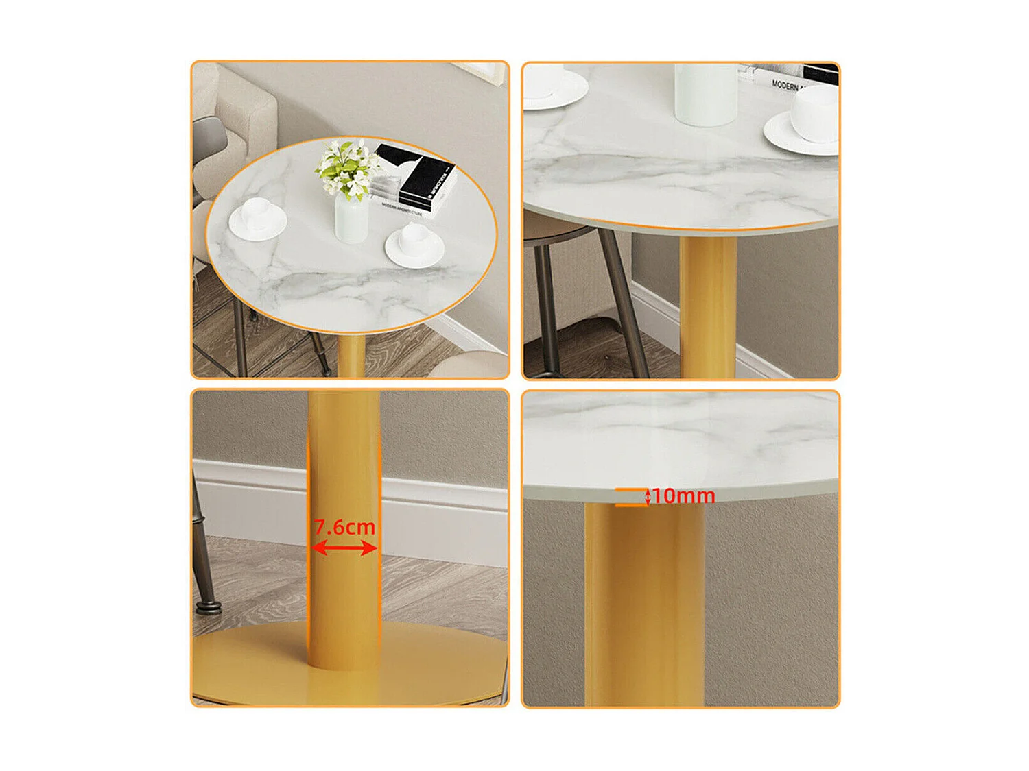 Table de Bar Design 70x70x100cm Doré Meuble de bar Table bistrot ronde Table à manger marbre