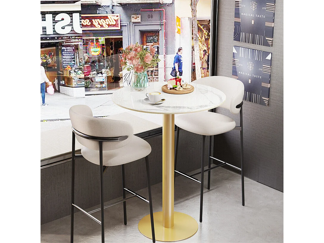Table de Bar Design 70x70x100cm Doré Meuble de bar Table bistrot ronde Table à manger marbre