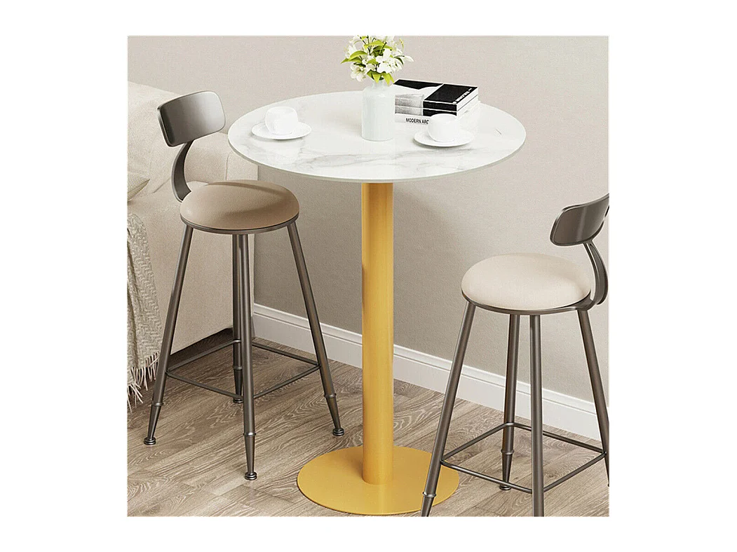 Table de Bar Design 70x70x100cm Doré Meuble de bar Table bistrot ronde Table à manger marbre