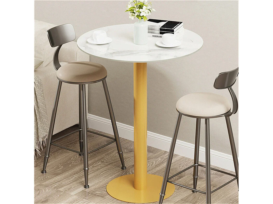 Table de Bar Design 70x70x100cm Doré Meuble de bar Table bistrot ronde Table à manger marbre