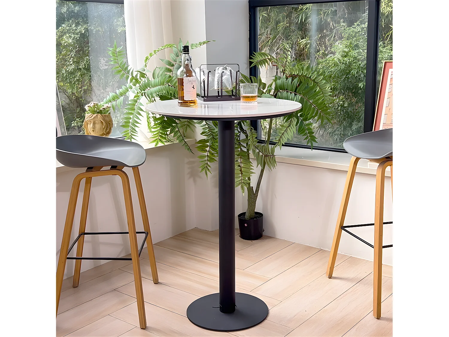 Table de Bar Design 70x70x100cm Noir Meuble de bar Table bistrot ronde Table à manger marbre