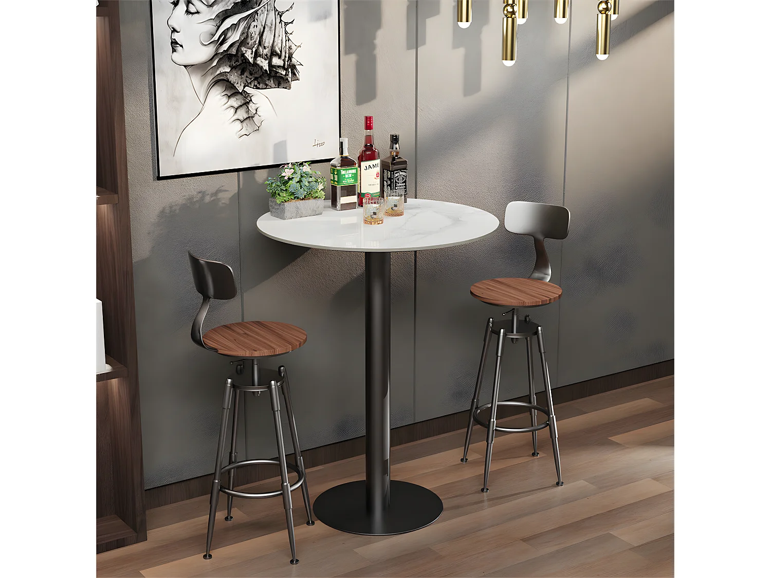 Table de Bar Design 70x70x100cm Noir Meuble de bar Table bistrot ronde Table à manger marbre