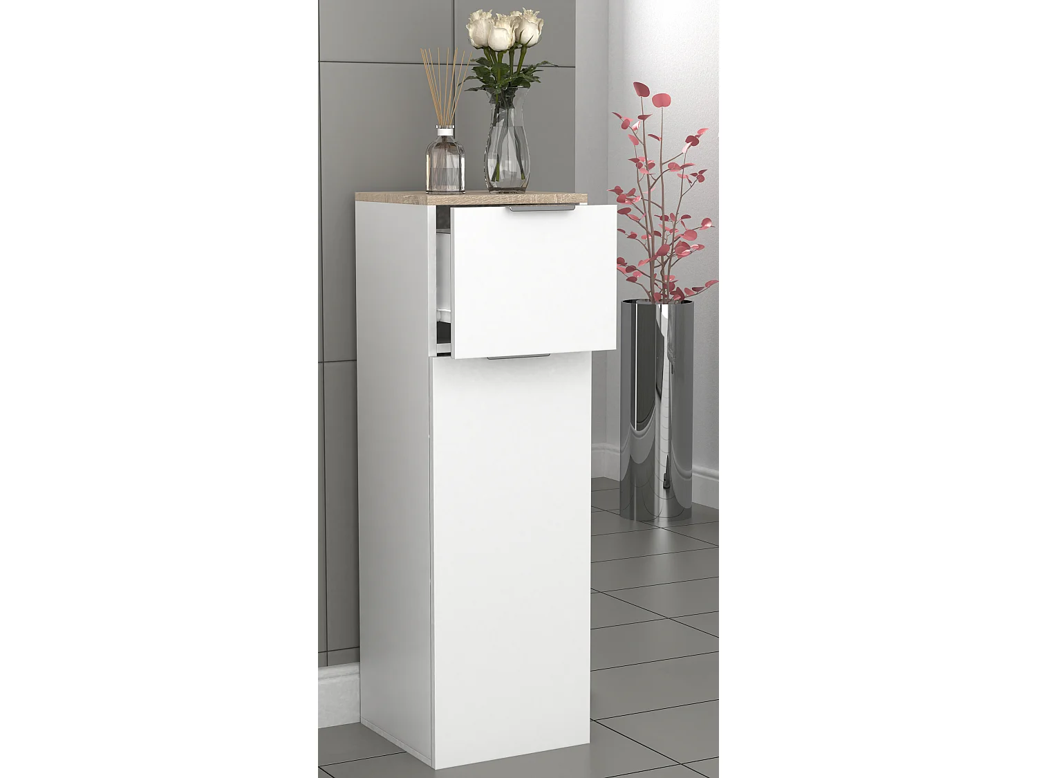 Bathroom furniture Midischrank Donali White / Sonoma oak H. 95 x W. 30 x D. 30 cm