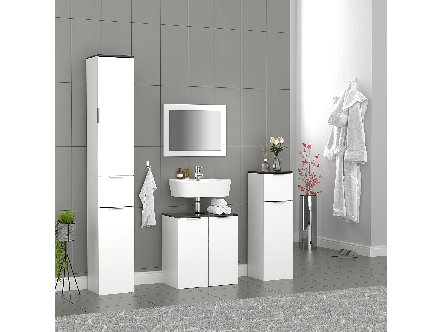 VCM Wood Midischrank | Prateleira de Banho | Dimensões: A. 95 x L. 30 x P. 30 cm | 1 Gaveta | 1 Porta Grande – Donali (Branco / Preto)