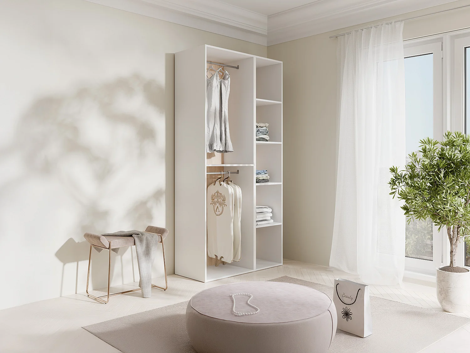 Dressing d'angle modulable - L84,5 cm - Blanc et naturel - TAMOKA